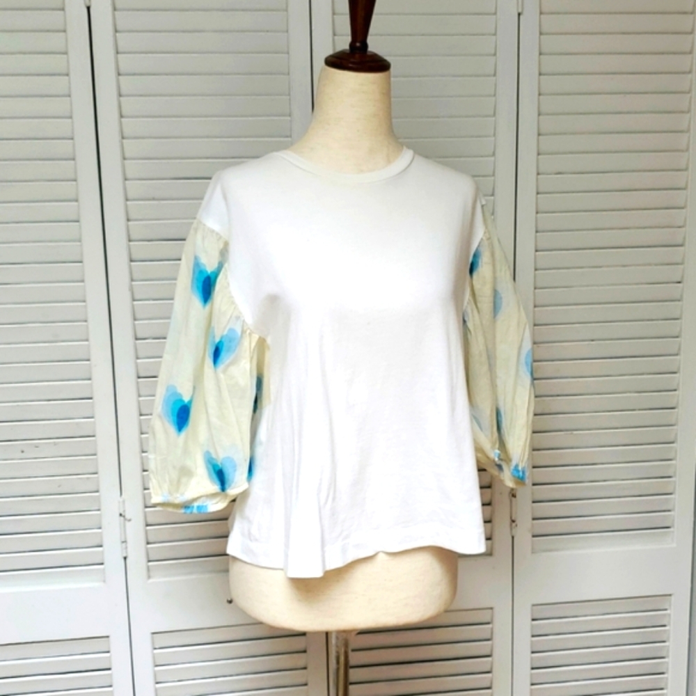 Bimba Y Lola White and Blue Hearts Boxy 3/4 Puffy Sleeve Cotton Tee Size S